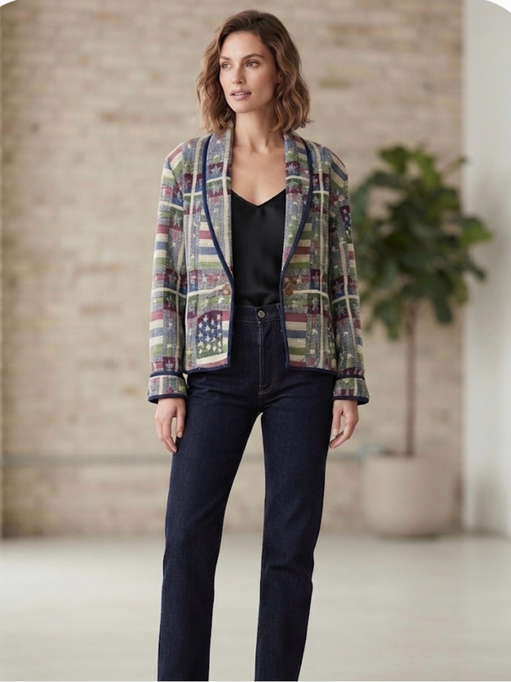 New Identity Vintage Americana Stars Stripes Womens Tapestry Blazer Jacket  XL